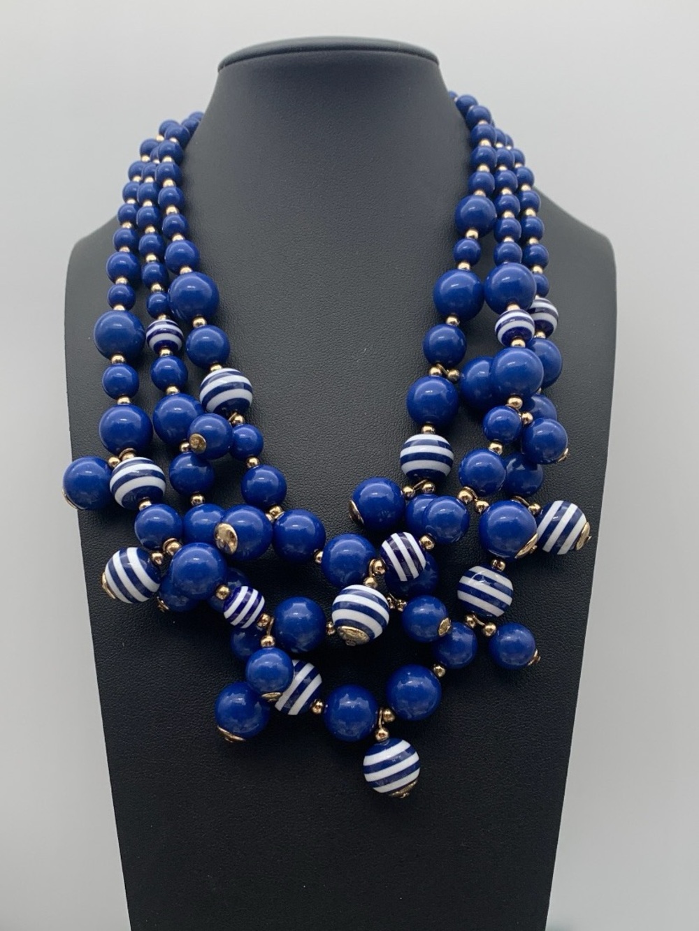 Royal Blue and white Multi-Strand cha cha Beaded Statement Necklace 18-20”